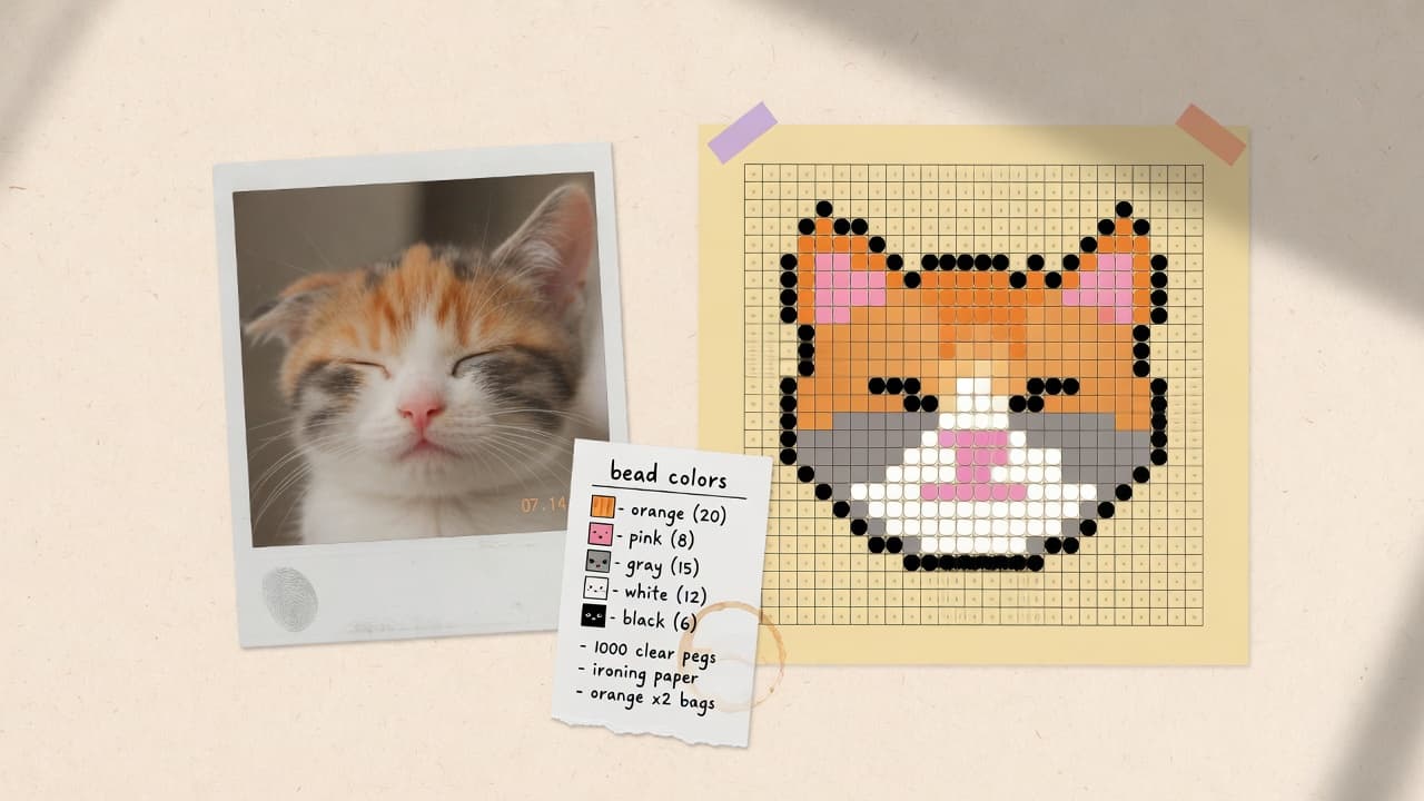 Photo beside a fuse-bead grid chart for a free Perler bead pattern maker workflow