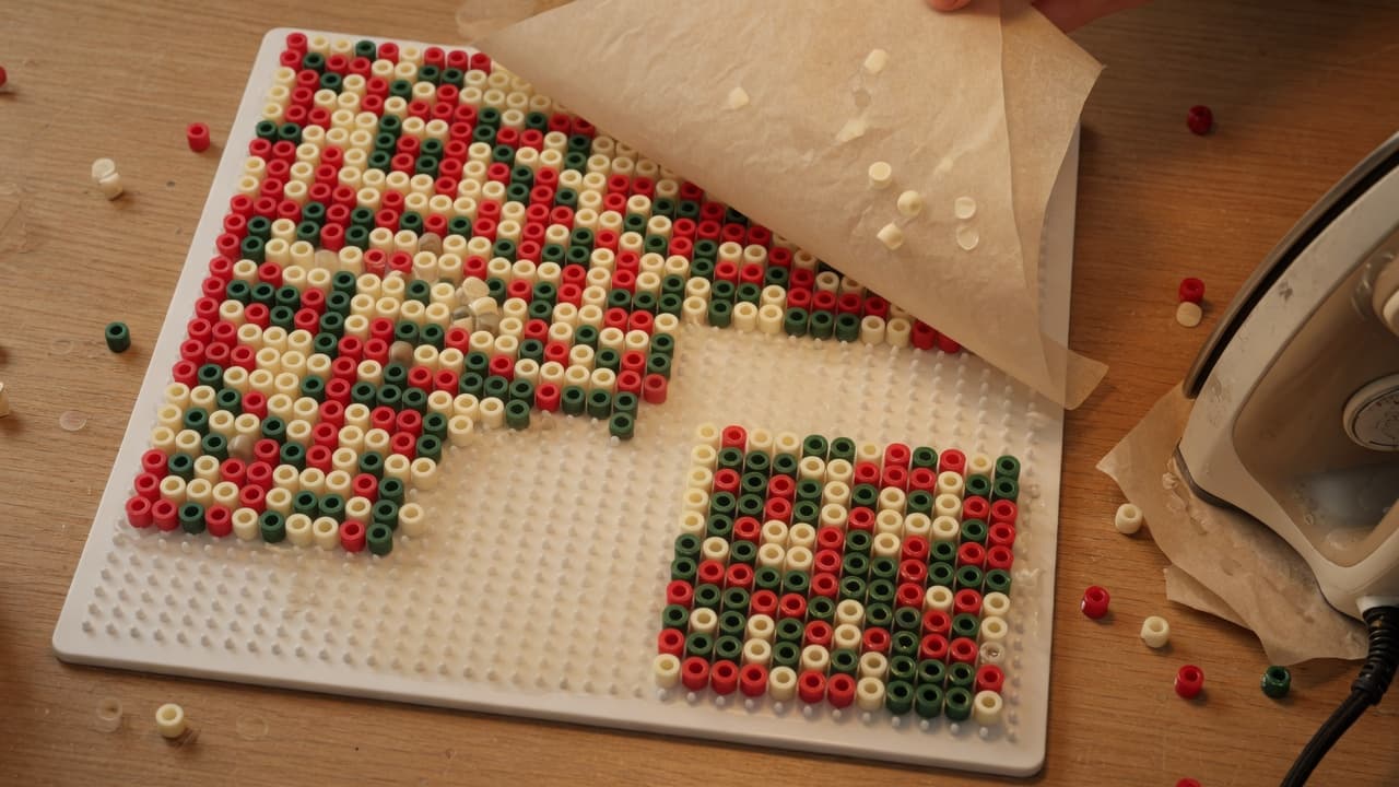 Fuse beads on a pegboard with parchment paper and an iron ready for fusing