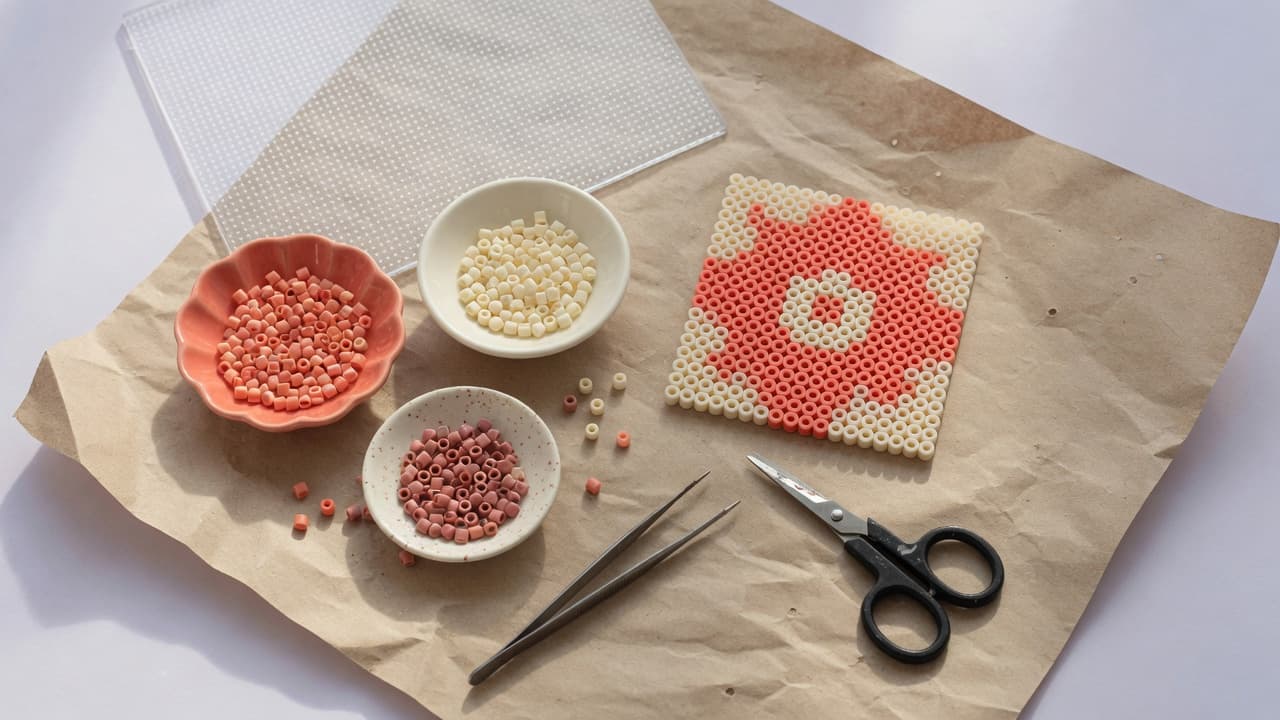 Pegboard, loose iron beads in dishes, and a small finished geometric flower