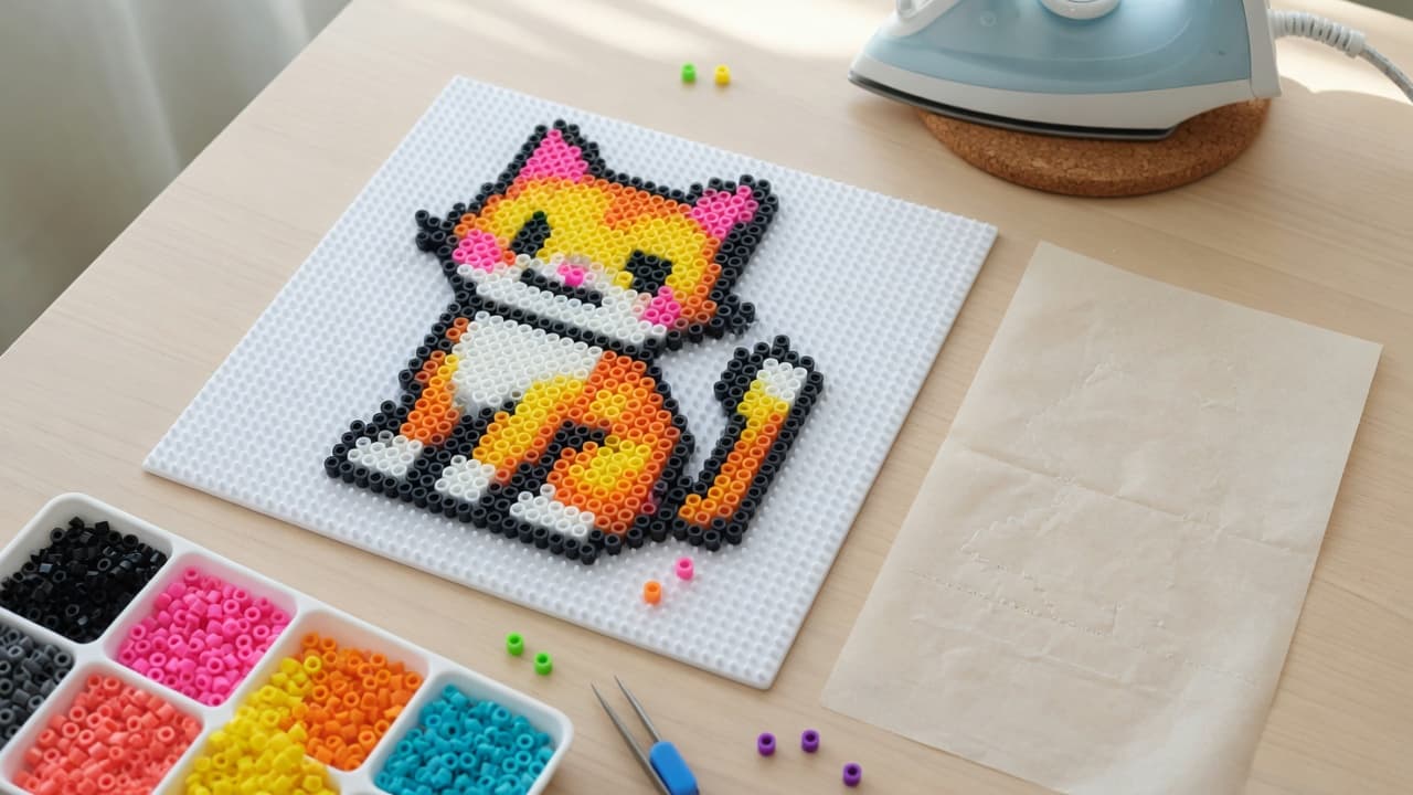 Perler beads on a pegboard grid with ironing paper nearby