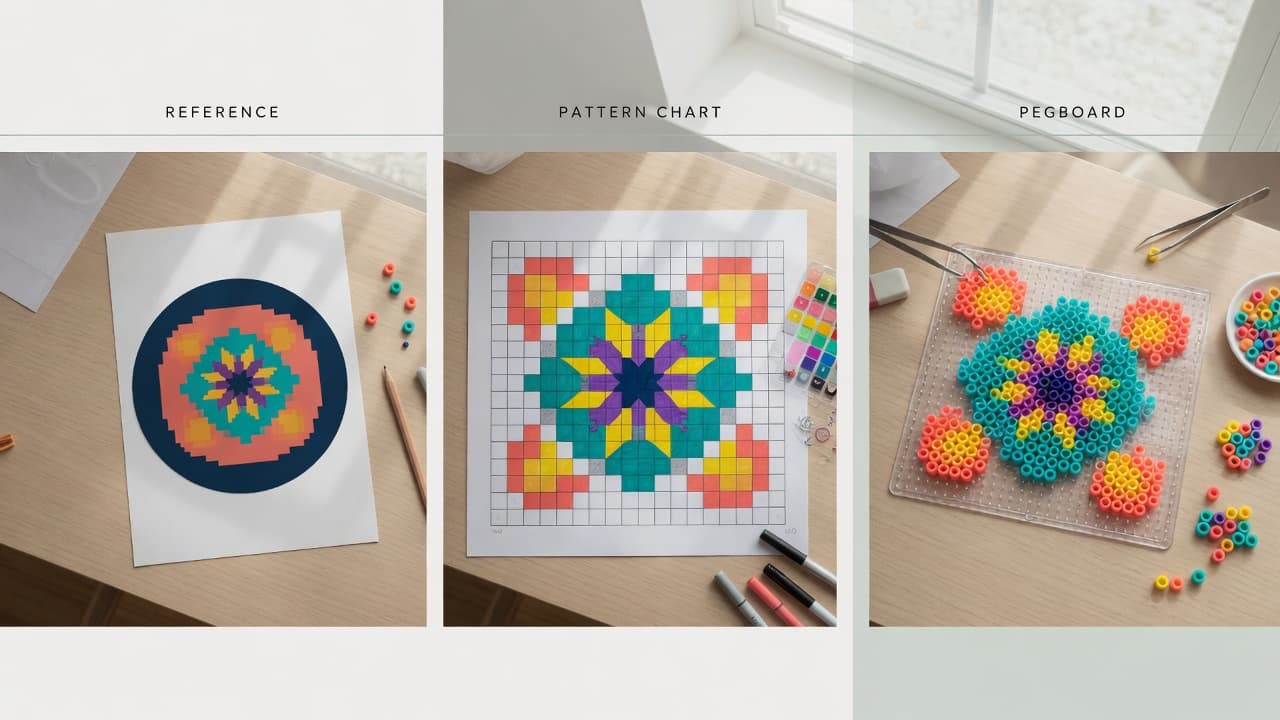 Workflow from photo to grid chart to beads on a pegboard