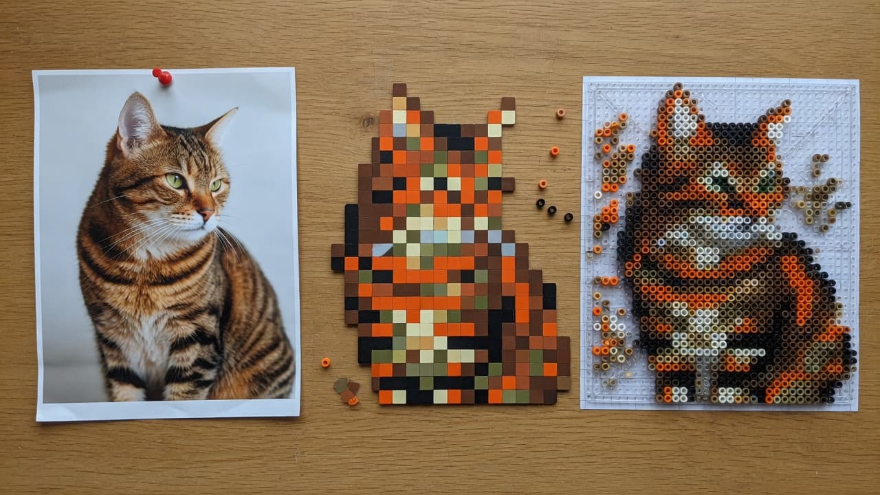 Printed cat photo, a coarse pixel version, and a fuse-bead pegboard of the same face