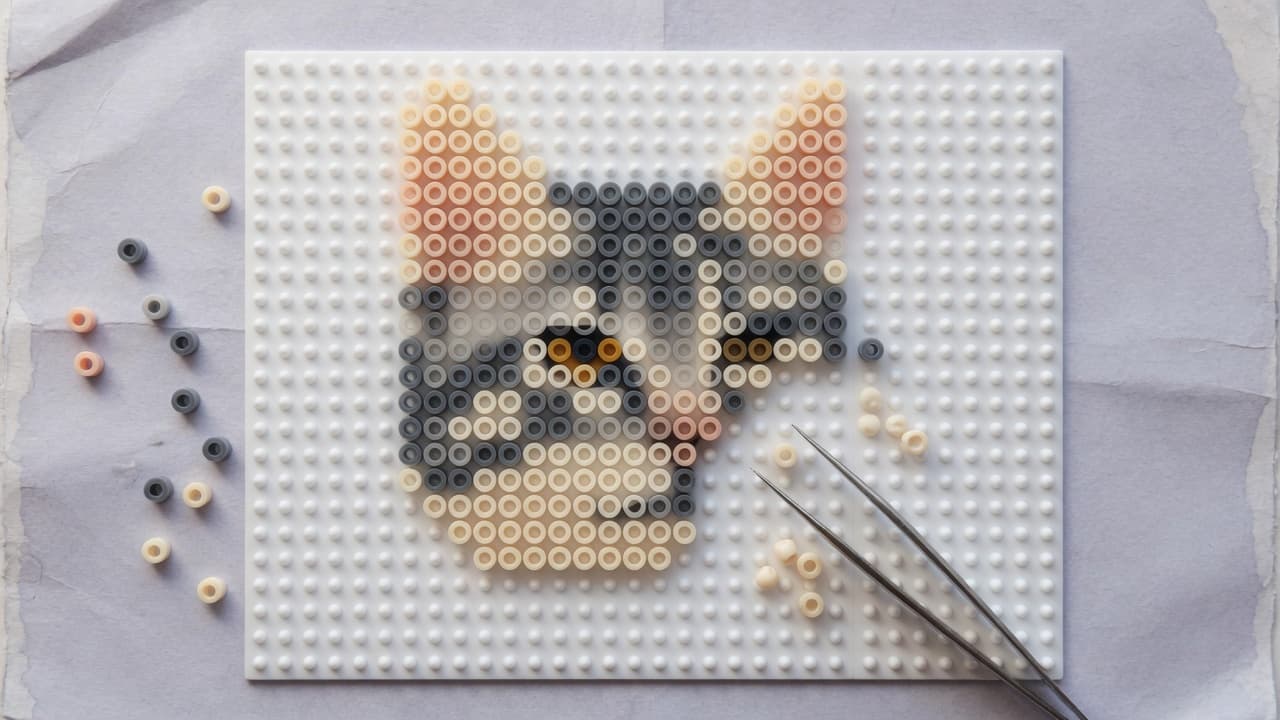 Cropped cat portrait being placed as large color cells on a pegboard