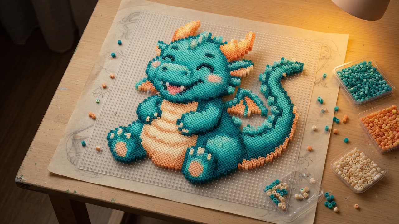 Original teal dragon fuse-bead chart on a pegboard, a copyright-safe stand-in for pokemon perler bead patterns