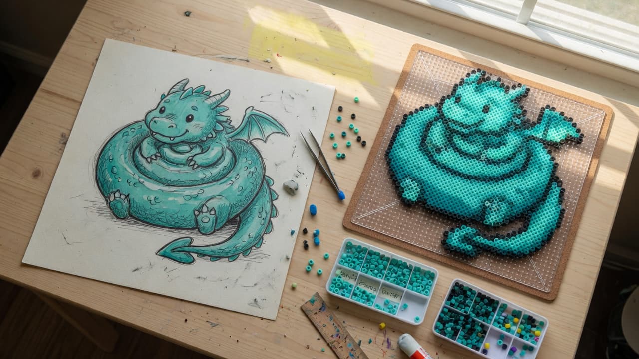 Hand sketch of an original dragon next to the same design as a fuse-bead grid