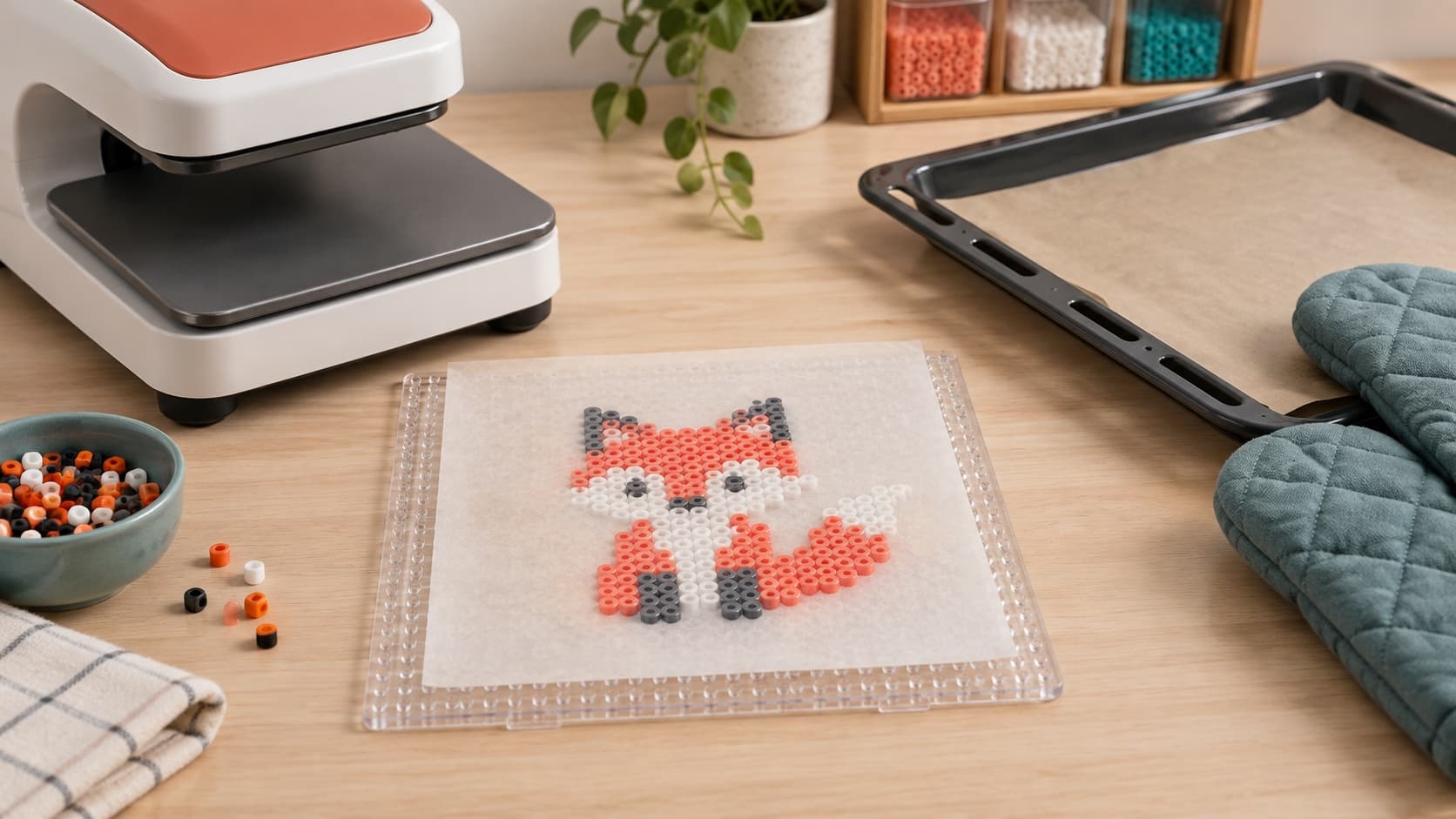 Pegboard beneath ironing paper beside a flat craft heat press and an oven tray with mitts