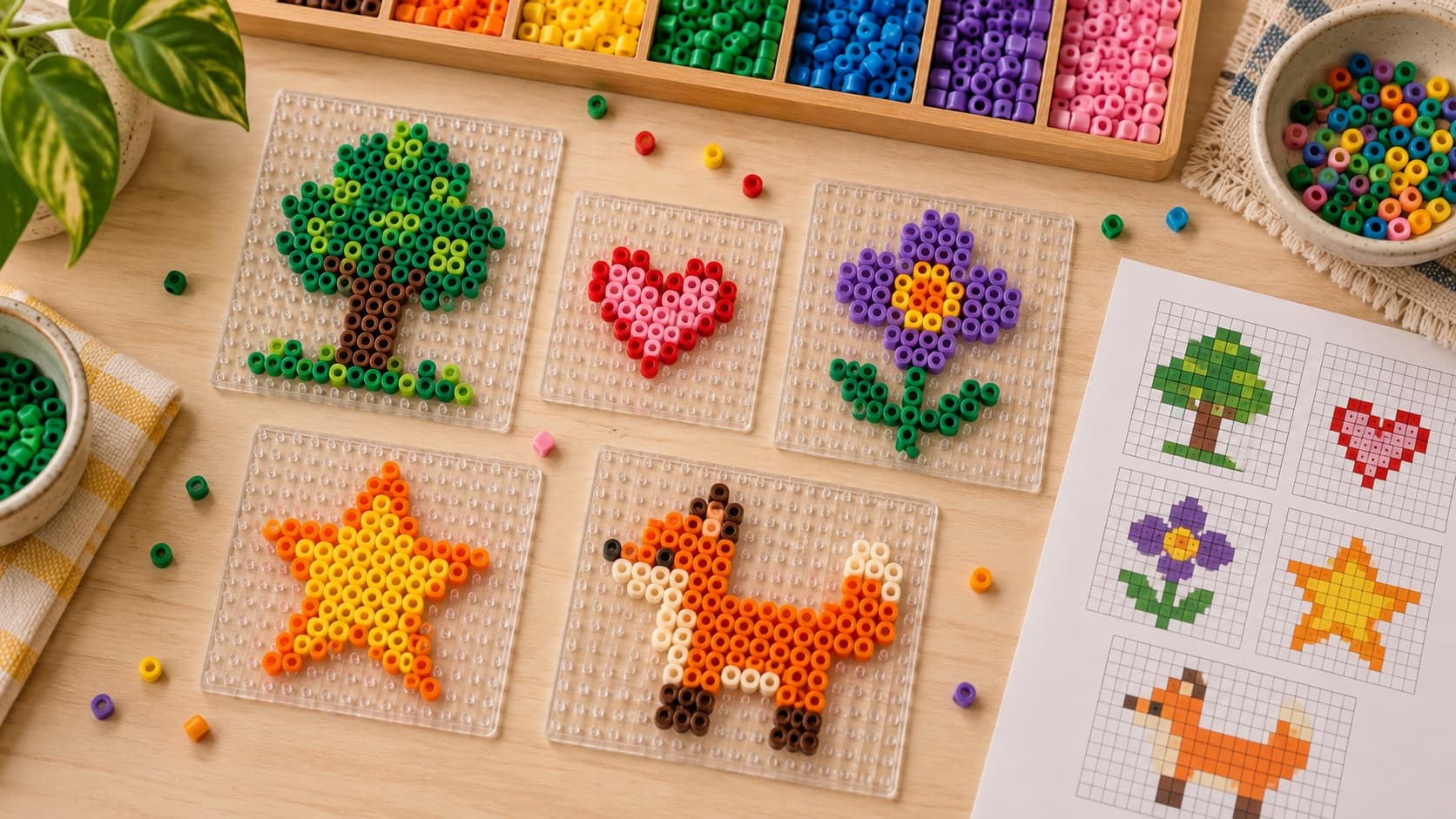 Original Perler bead pattern ideas including a tree, flower, heart, star, and fox on pegboards